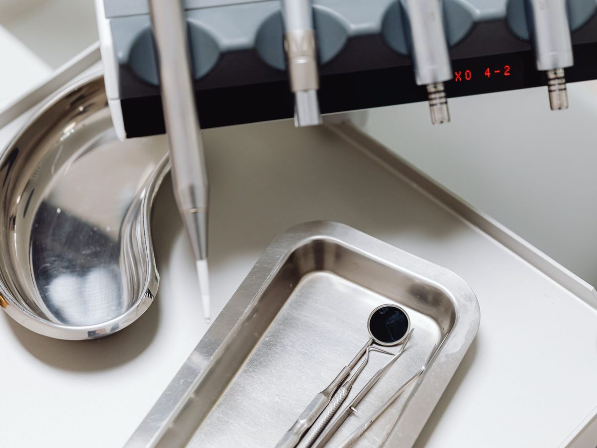 Dental check-up instruments on a tray